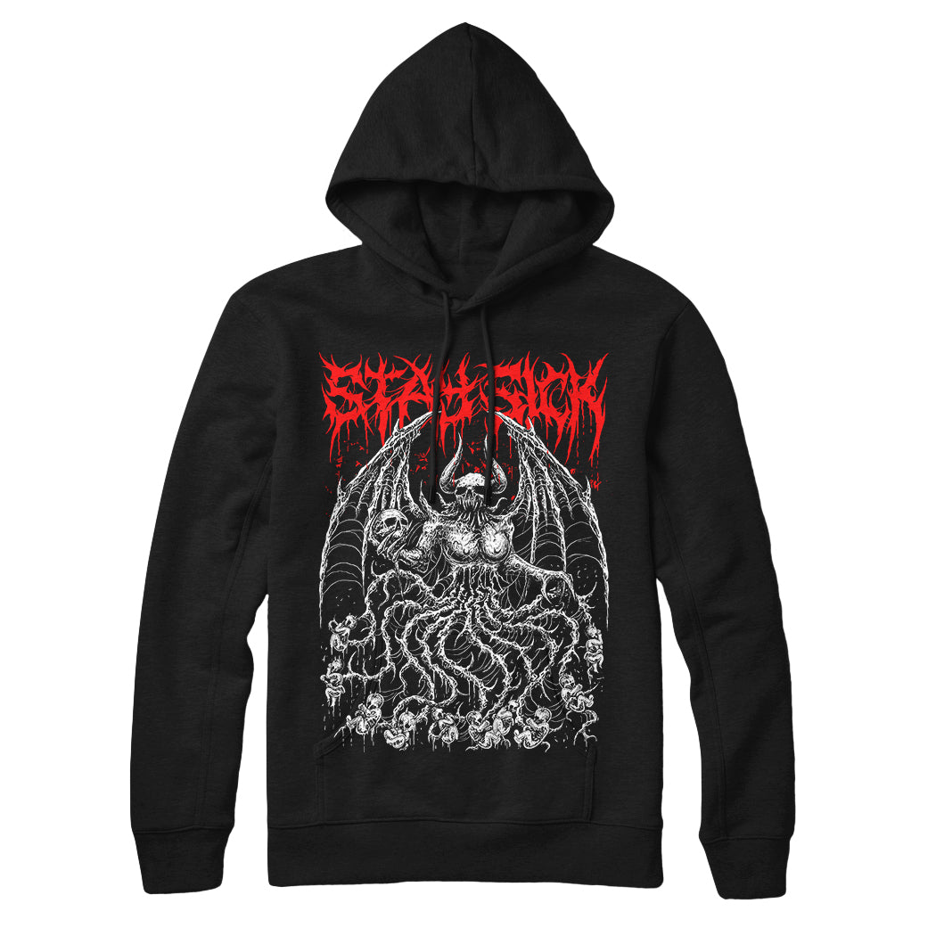 A black pullover hoodie from Stay Sick Clothing, featuring a graphic of the Demon Mother—a demonic winged creature with swirling figures and a jagged red logo above the artwork.