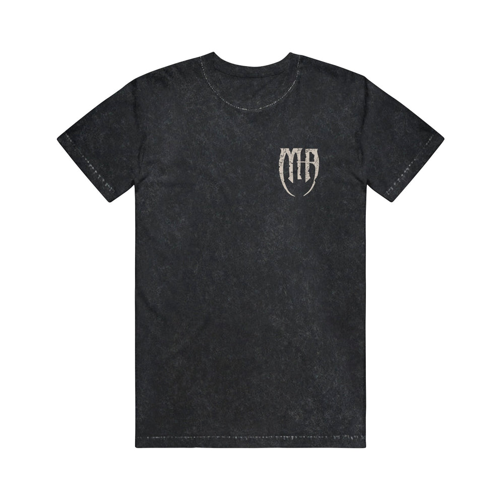 A black, acid-wash Melrose Avenue T-shirt with a small white MA logo on the left chest. This classic crew neck has short sleeves for versatile everyday style.