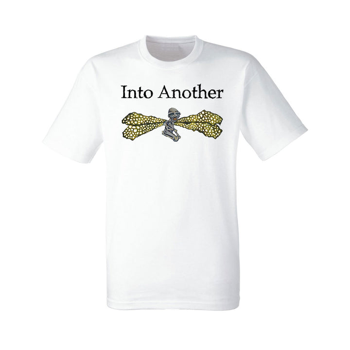 White TULTEX tee by Into Another, featuring bold "Into Another" text above a skeleton with vivid yellow honeycomb wings—standout style for those who dare.