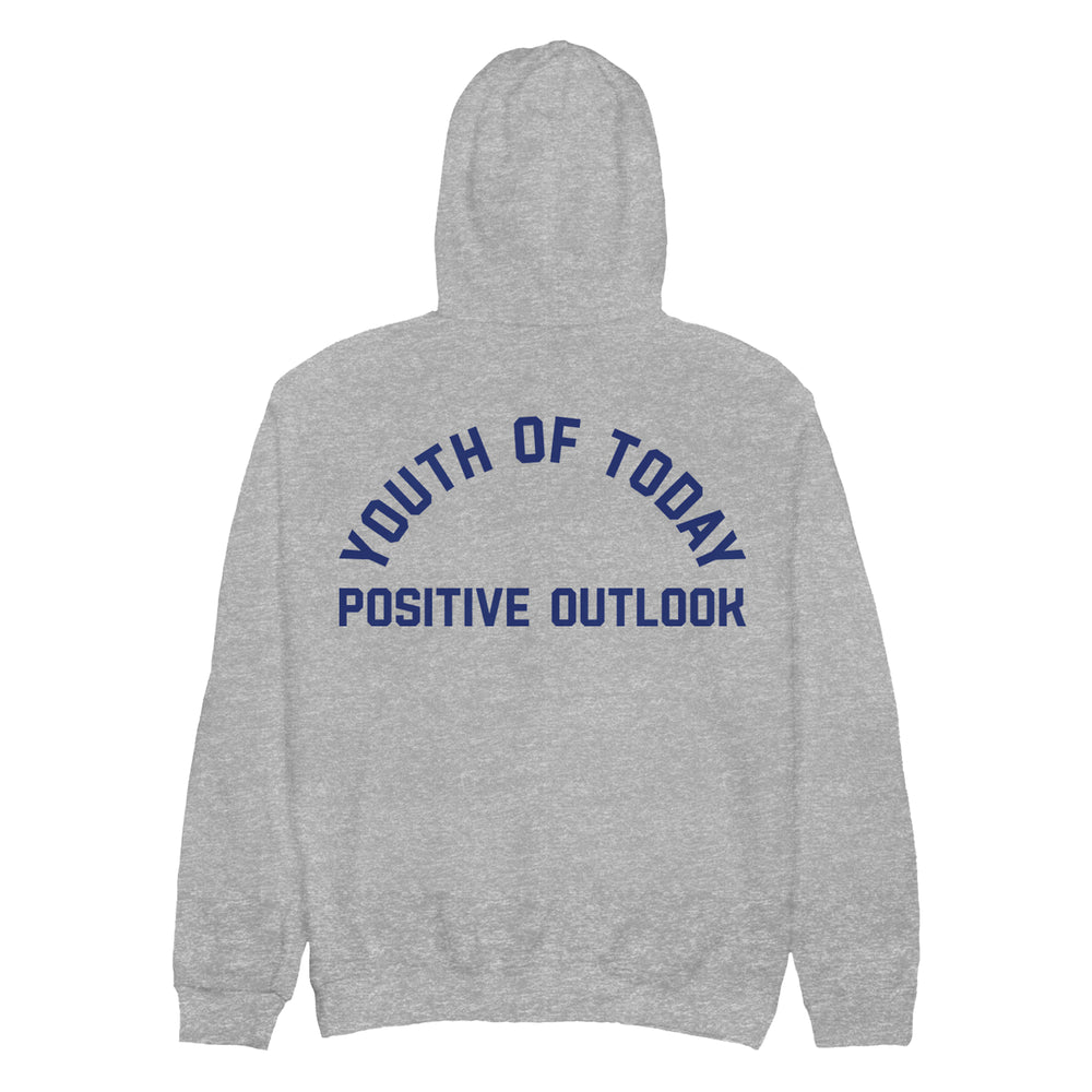 A gray heavyweight hoodie by Youth Of Today, with "YOUTH OF TODAY" arched above "POSITIVE OUTLOOK" in bold blue letters on the back.