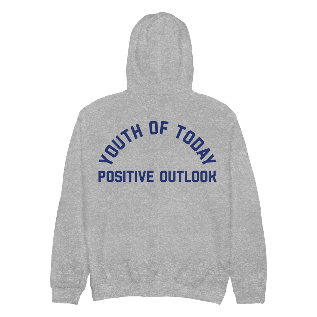 A gray heavyweight hoodie by Youth Of Today, with "YOUTH OF TODAY" arched above "POSITIVE OUTLOOK" in bold blue letters on the back.