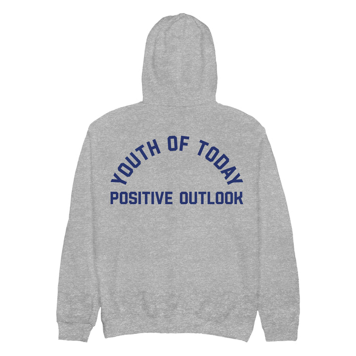 A gray heavyweight hoodie by Youth Of Today, with "YOUTH OF TODAY" arched above "POSITIVE OUTLOOK" in bold blue letters on the back.