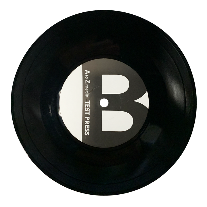 A black vinyl record with a white and black label reading A to Z media TEST PRESS in bold text on a plain white background—ideal for Die Young fans and collectors of metallic hardcore or rare limited split vinyl releases.
