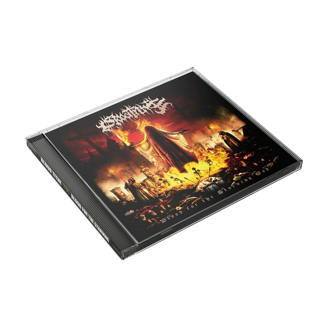 A CD case featuring dark, apocalyptic artwork with a hooded figure above burning ruins and distressed people. The Blood Tithe logo and album title are boldly displayed—perfect for metal music fans.