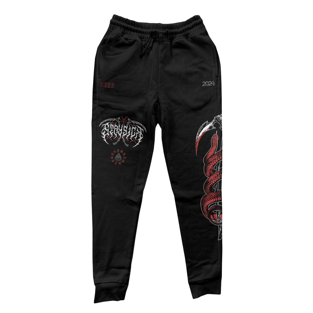 Stay Sick Clothing’s black jogger pants showcase bold white and red graphics—a large coiled snake with a scythe, stylized text, “2023” and “333,” plus small symbols—for standout street style.