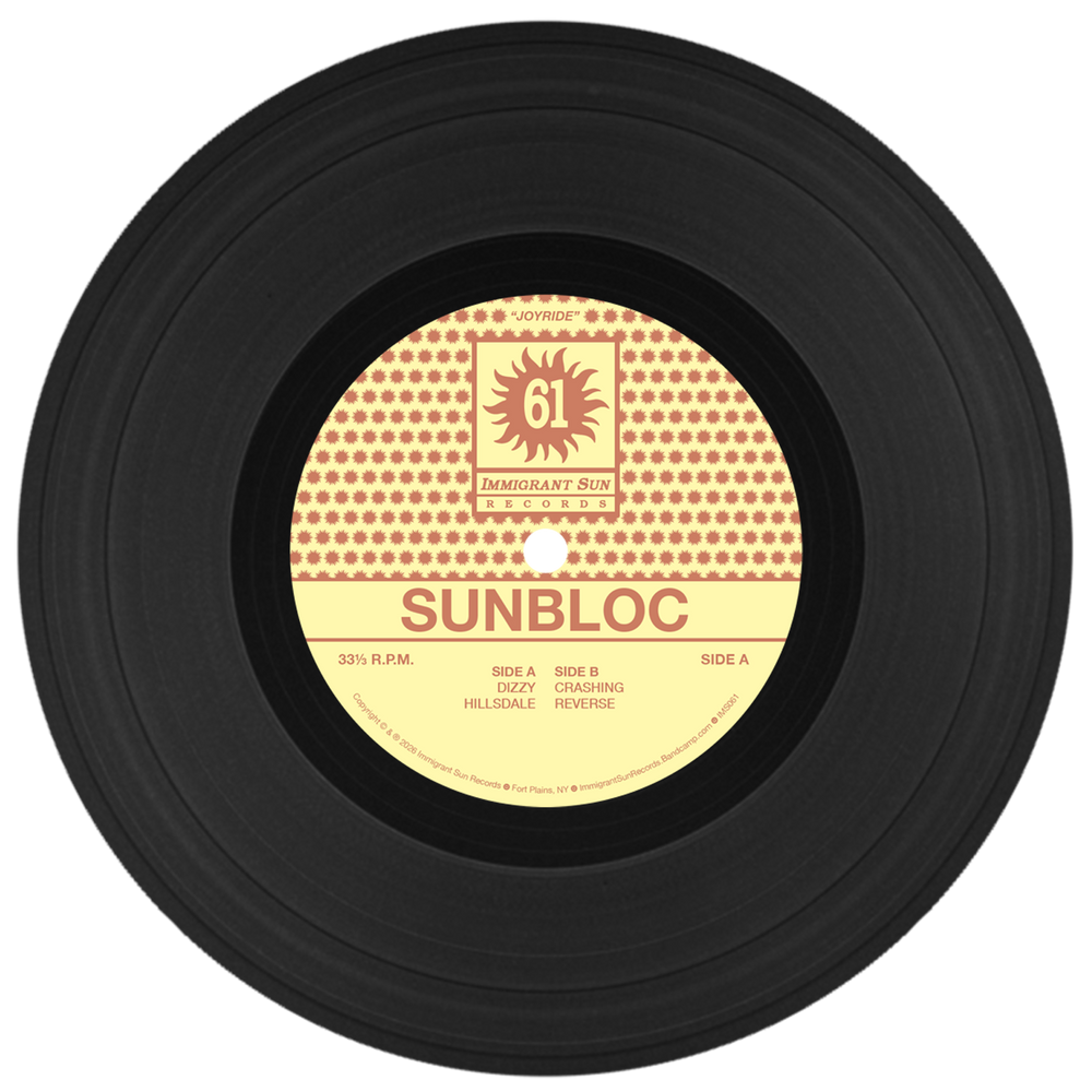 A black vinyl record with a cream and yellow label reads Sunbloc. Side A features Dizzy Hillsdale, Side B Chasing Reverse—both alternative tracks. The label showcases a polka dot design with a sunburst logo.