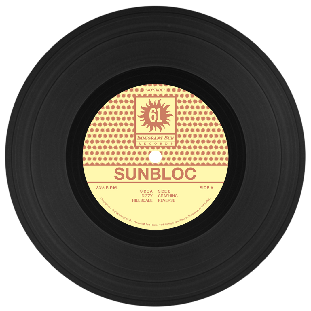 A black vinyl record with a cream and yellow label reads Sunbloc. Side A features Dizzy Hillsdale, Side B Chasing Reverse—both alternative tracks. The label showcases a polka dot design with a sunburst logo.