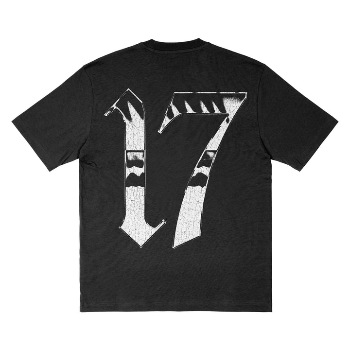 A black SBG Records T-shirt with a large, distressed white number 17 in a cracked, stylized design on the back.