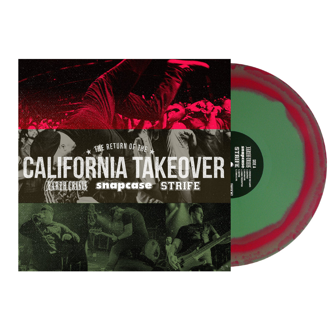 Green In Red patterned vinyl record by Snapcase, partially slid from its sleeve. Sleeve features band photos and bold The Return of the California Takeover – Earth Crisis, Snapcase, Strife. Ideal for collectors and fans.