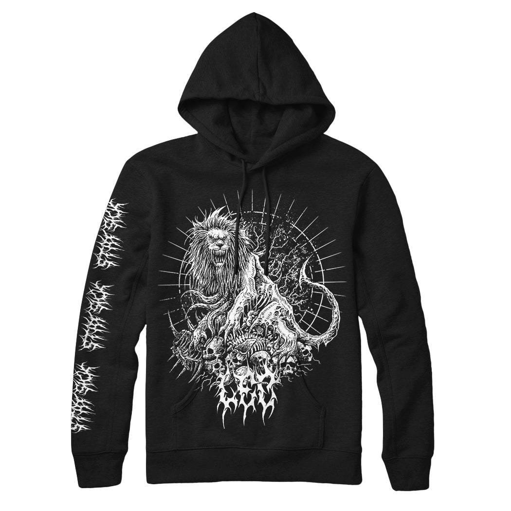 Stay Sick Clothing black hoodie with a detailed white roaring lion graphic above skulls and flames on the front, spiked rays and cosmic elements in the background, plus white abstract designs down one sleeve.