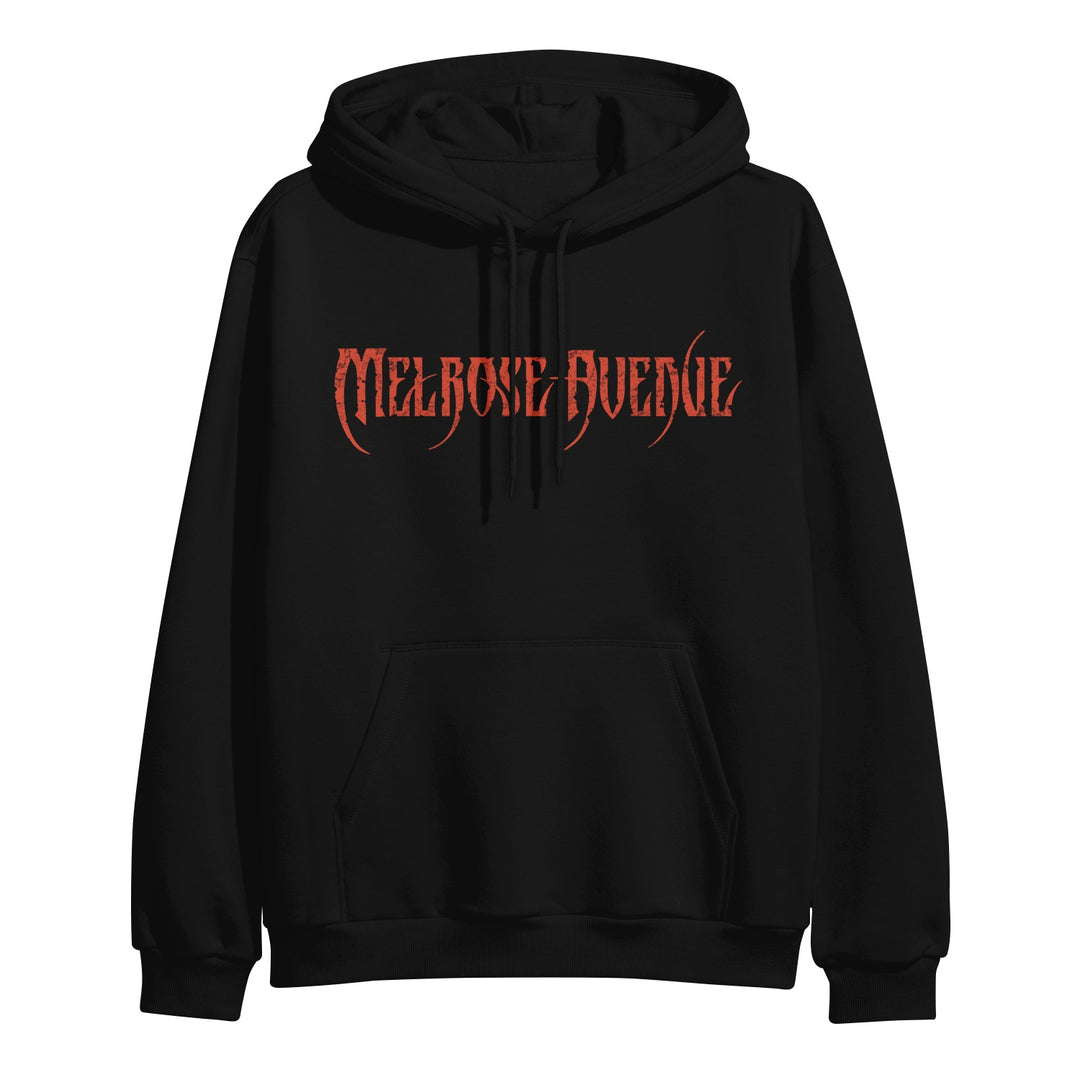 The Melrose Avenue black hooded sweatshirt is crafted from soft cotton fleece and features bold red "MELROSE AVENUE" lettering across the front. This ASColour 5101 pullover is part of the premium supply collection.