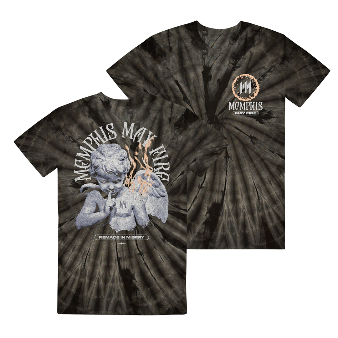 Black Spider Tie Dye Cherub T-Shirt by Memphis May Fire with front logo and large back angel statue graphic, smoke, band name above, and “PREMADE IN MISERY” below—perfect for fans.