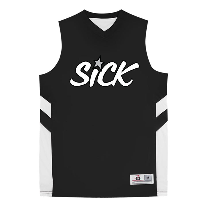 A black sleeveless basketball jersey from Stay Sick Clothing with white side panels and SICK in bold graffiti-style letters (star dotting the I), plus a size tag for streetwear-inspired Sick Star flair.