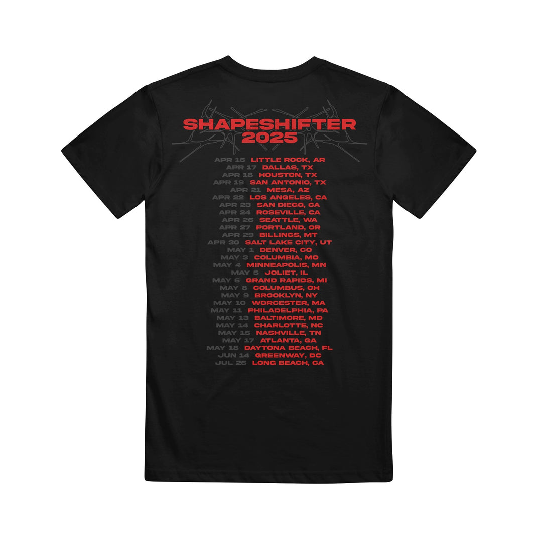 Memphis May Fire Band Merch: Black T-shirt with “SHAPESHIFTER 2025” in bold red on the front and Shapeshifter Tour dates and cities in white and red on the back. Plain white background.