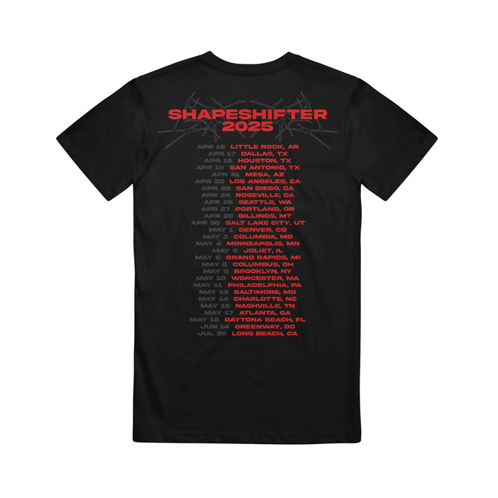 Memphis May Fire Band Merch: Black T-shirt with “SHAPESHIFTER 2025” in bold red on the front and Shapeshifter Tour dates and cities in white and red on the back. Plain white background.