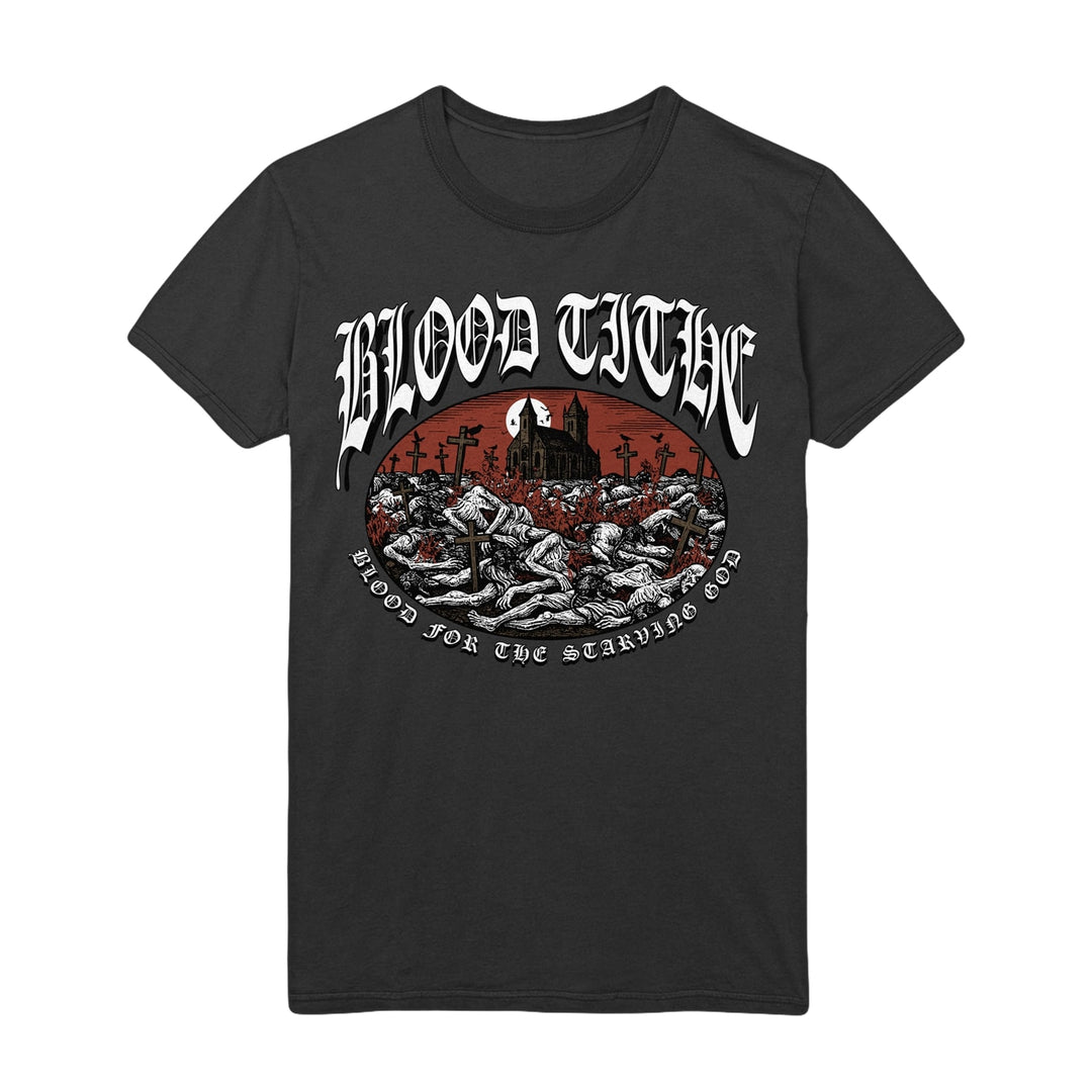 Blood Tithe black bodysuit with gothic Blood Tithe text, a cemetery scene—church, crosses, red sky over skeletons—and “Blood for the Starving God” printed below.