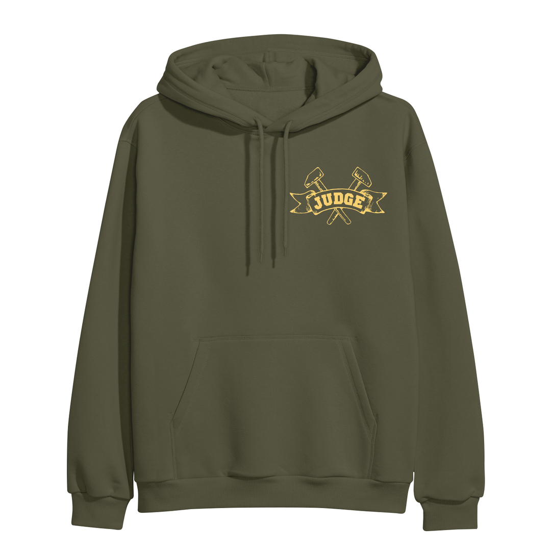 Olive green IND4000 hoodie with a yellow graphic on the chest featuring the word JUDGE on a banner over two crossed mallets.