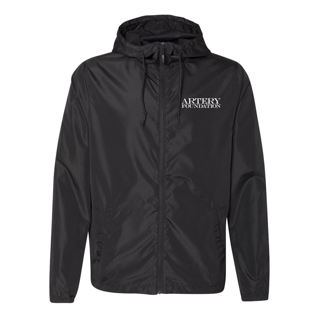 A black lightweight windbreaker from Artery Foundation with the brand printed in white on the left chest. This zip-up jacket features a hood with drawstrings and side pockets, making it perfect for layering.