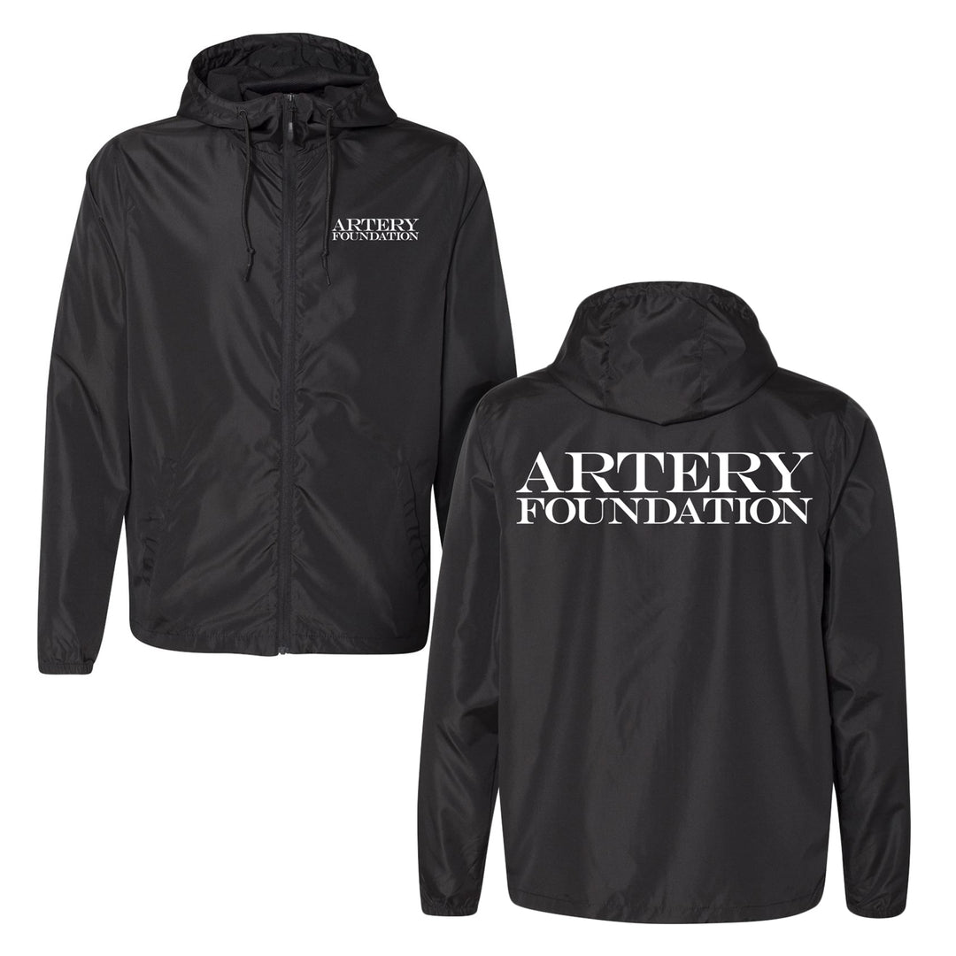 A lightweight black zip-up windbreaker by Artery Foundation, featuring bold white “ARTERY FOUNDATION” print on the left chest and back, water-resistant, shown in front and back views.