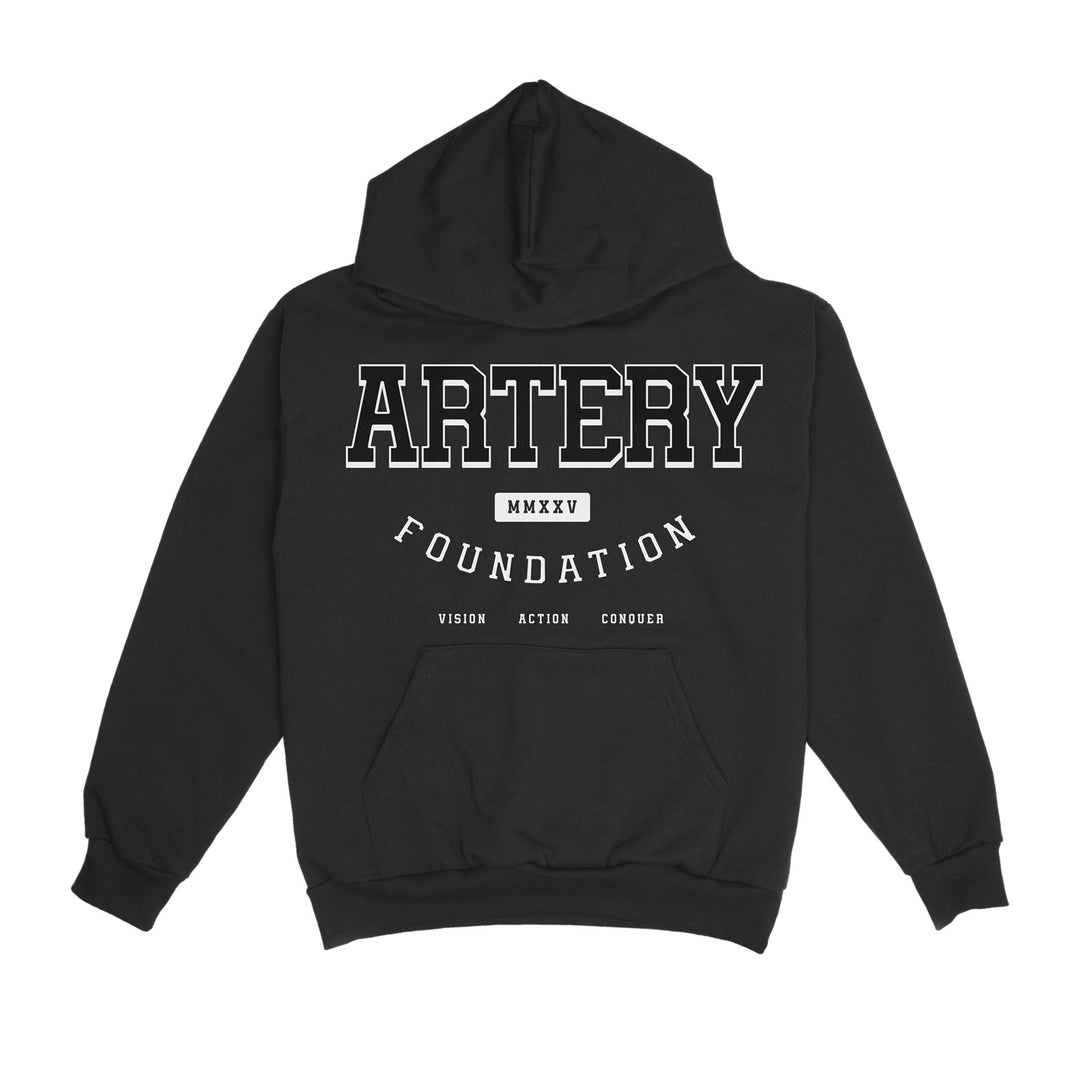 The Artery Foundation black midweight fleece hoodie features bold white "ARTERY," "FOUNDATION" below, and "MMXXV VISION ACTION CONQUER" in small text. Made of soft ring-spun cotton, with a front pocket and hood.