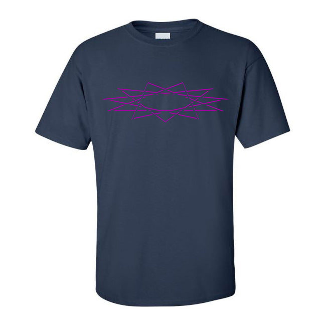A navy blue T-shirt from Into Another featuring a geometric, star-like design in bright purple lines across the chest.