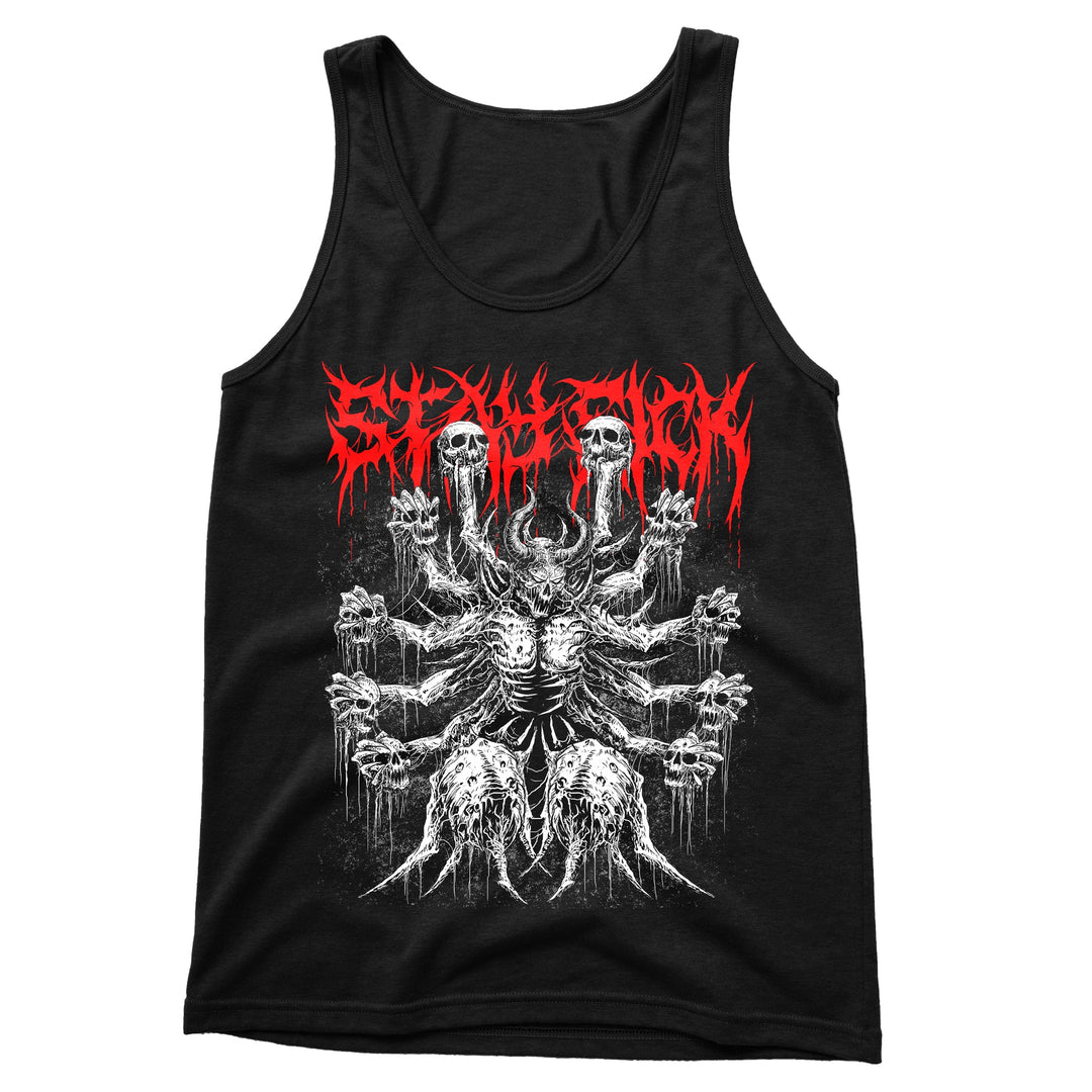 Stay Sick Clothing’s anime tank top showcases a horned, multi-armed skeletal Demon Lord with dripping bones and skulls, topped with bold red jagged text above the creature.