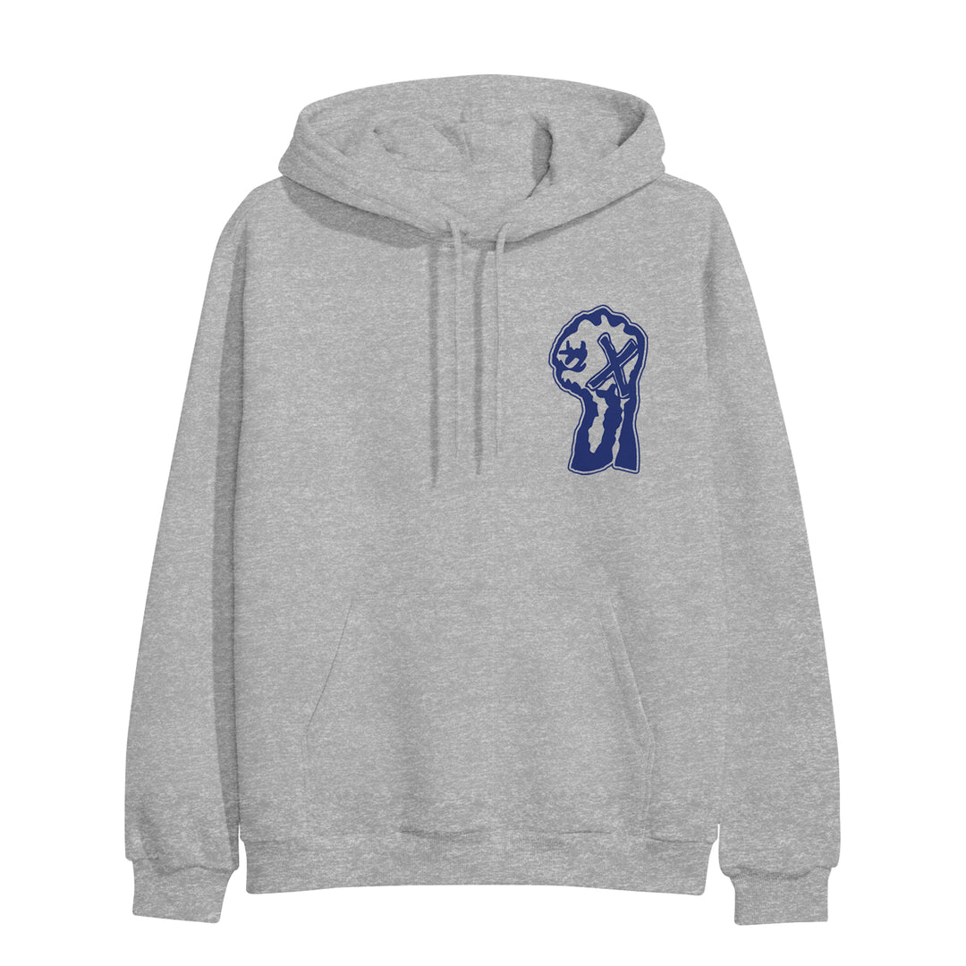 A light gray Youth Of Today hoodie featuring a blue graphic of a raised fist with an X mark printed on the chest area.