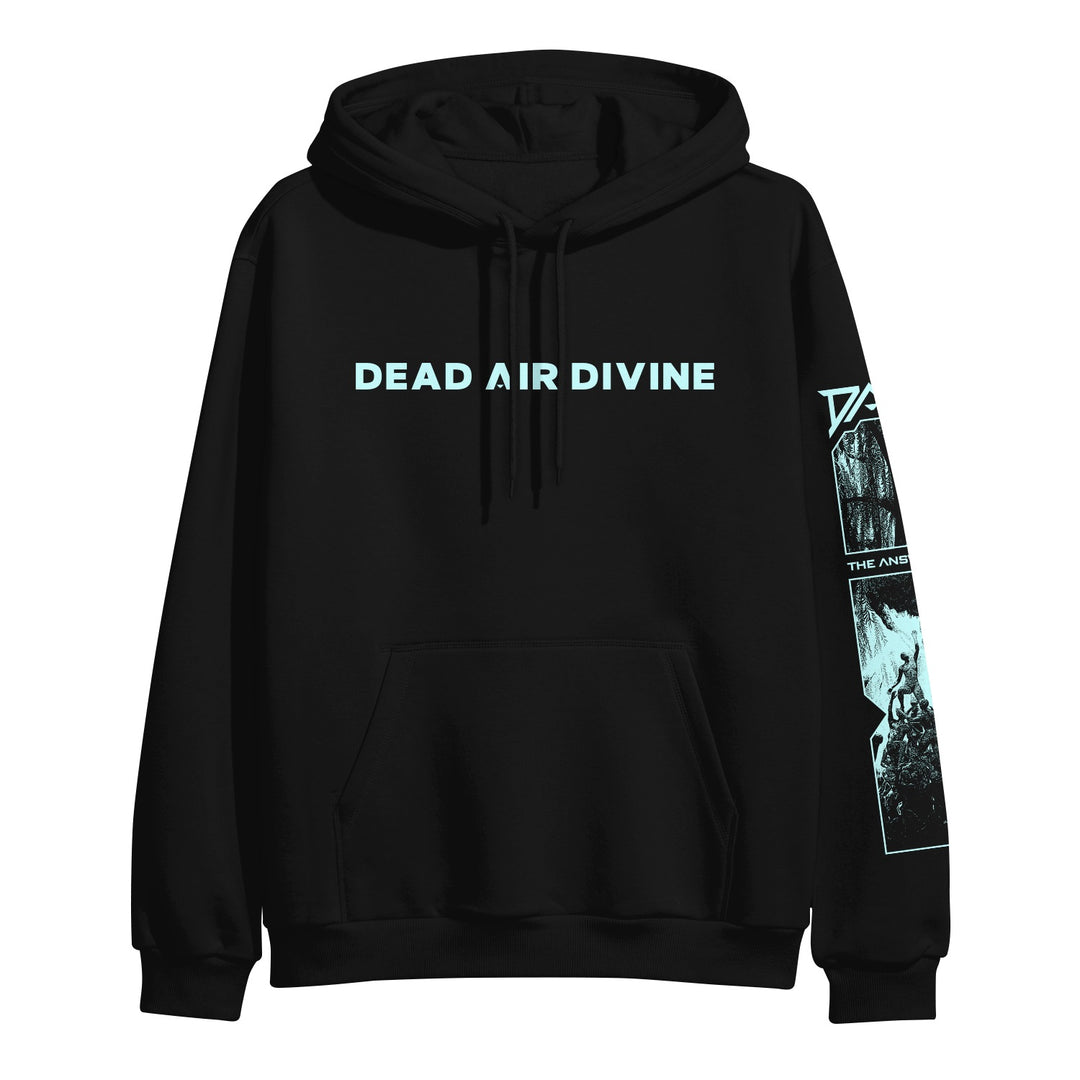 A black midweight pullover hoodie by Dead Air Divine with light blue "DEAD AIR DIVINE" text on the chest and blue graphic designs on the right sleeve.