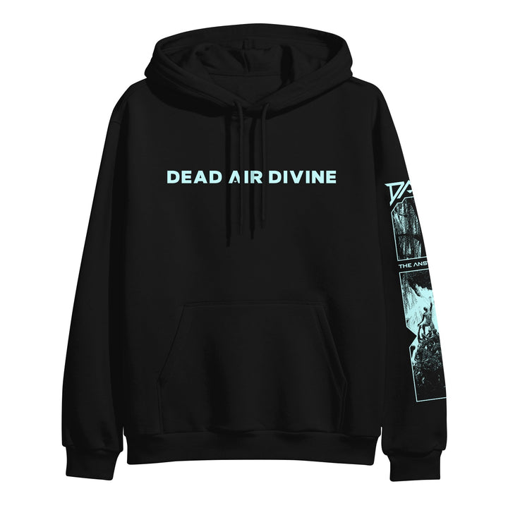 A black midweight pullover hoodie by Dead Air Divine with light blue "DEAD AIR DIVINE" text on the chest and blue graphic designs on the right sleeve.