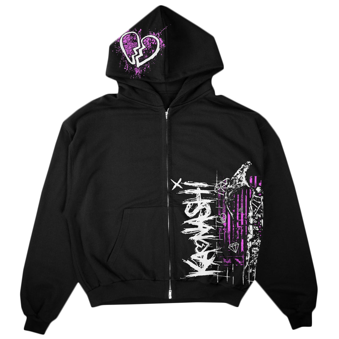 The Kaonashi black zip-up hoodie features a pink broken heart graphic on the hood, white graffiti-style writing with purple accents on the front, and is crafted from heavyweight Independent Heavyweight Zip-ups material.
