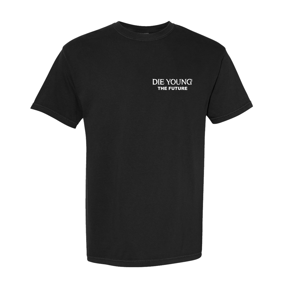 A black Comfort Colors t-shirt by Die Young, featuring white "DIE YOUNG" text above "THE FUTURE" on the left chest.