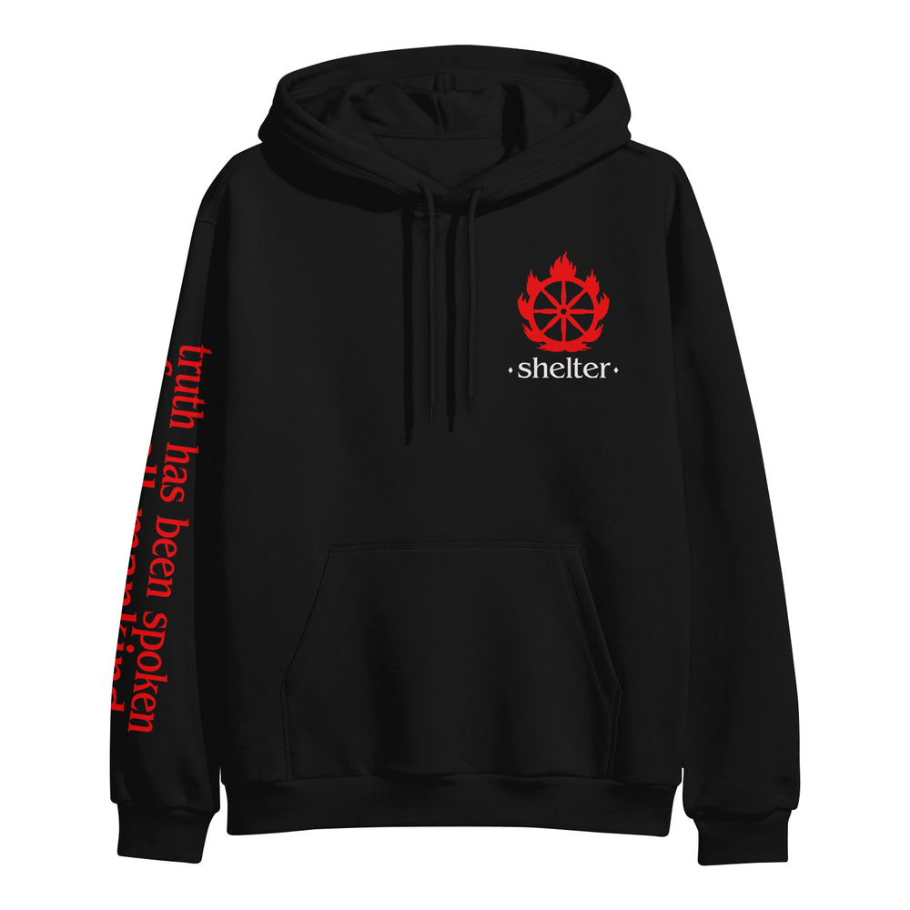 Shelter black hoodie with a red flame and wheel logo above Shelter on the chest, red truth has been spoken text on the right sleeve, plus a front pocket and drawstring hood.