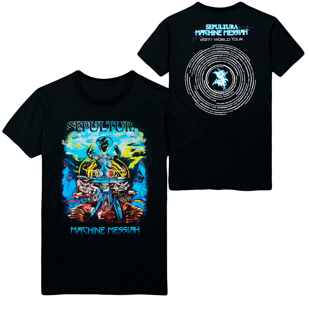 Sepultura Machine Messiah tour t-shirt in black. Front shows a vibrant robot-inspired design and band logo; back displays tour dates in a circle, with the tour name and small central artwork.