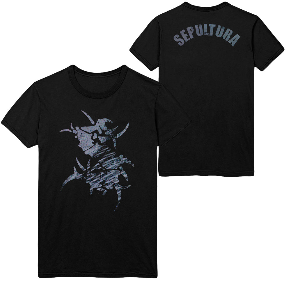 Sepultura black t-shirt with a dotted abstract graphic on the front and SEPULTURA in bold gray letters across the upper back. Both designs are in shades of gray.