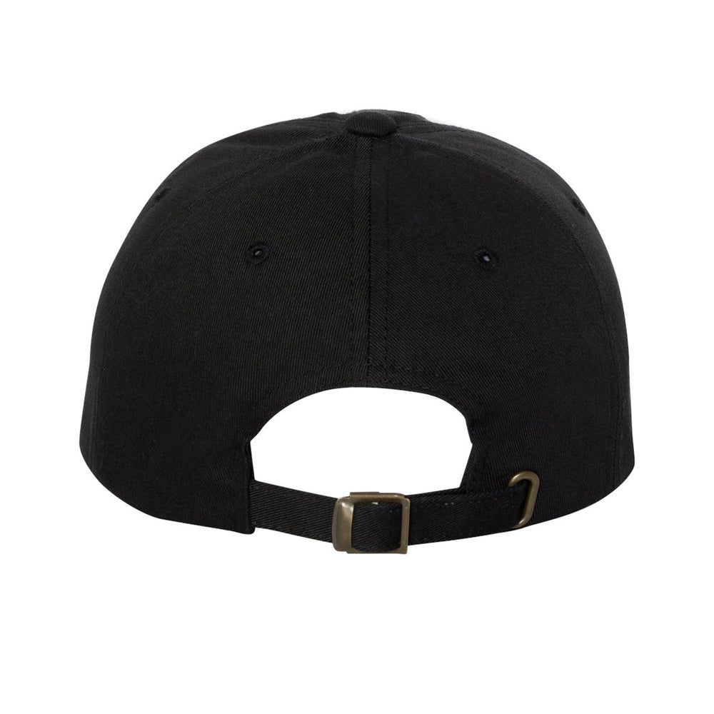 The image shows the back of a Memphis May Fire YP Classics Dad Hat in plain black, made from 100% cotton with a metal buckle and adjustable sizing. The cap looks unworn and is set against a white background.