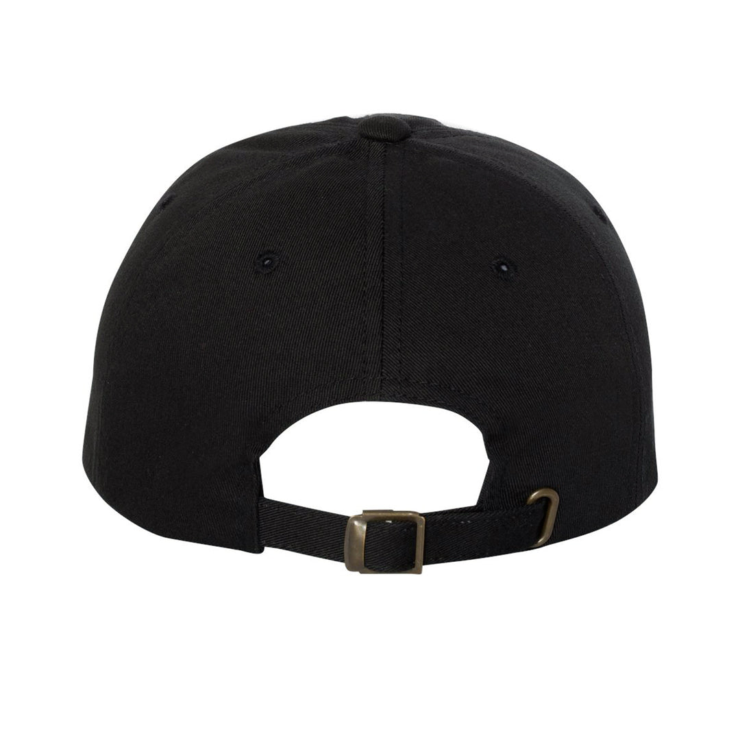 The image shows the back of a Memphis May Fire YP Classics Dad Hat in plain black, made from 100% cotton with a metal buckle and adjustable sizing. The cap looks unworn and is set against a white background.