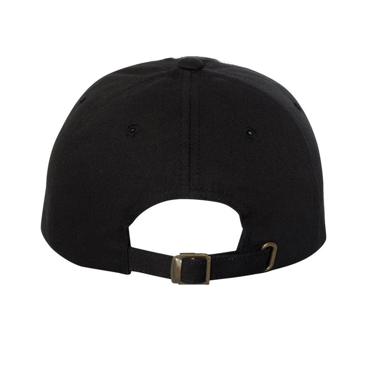 The image shows the back of a Memphis May Fire YP Classics Dad Hat in plain black, made from 100% cotton with a metal buckle and adjustable sizing. The cap looks unworn and is set against a white background.
