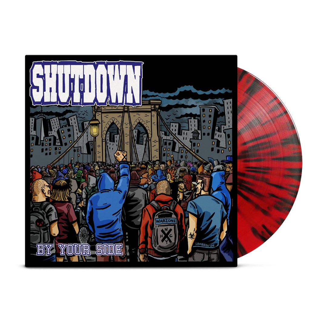 A limited edition Shutdown vinyl features a night scene of a crowd at the Brooklyn Bridge on its illustrated cover, with a Red with Black Splatter LP partially shown. The text reads SHUTDOWN and BY YOUR SIDE from the ShutdownBy Your Side series.