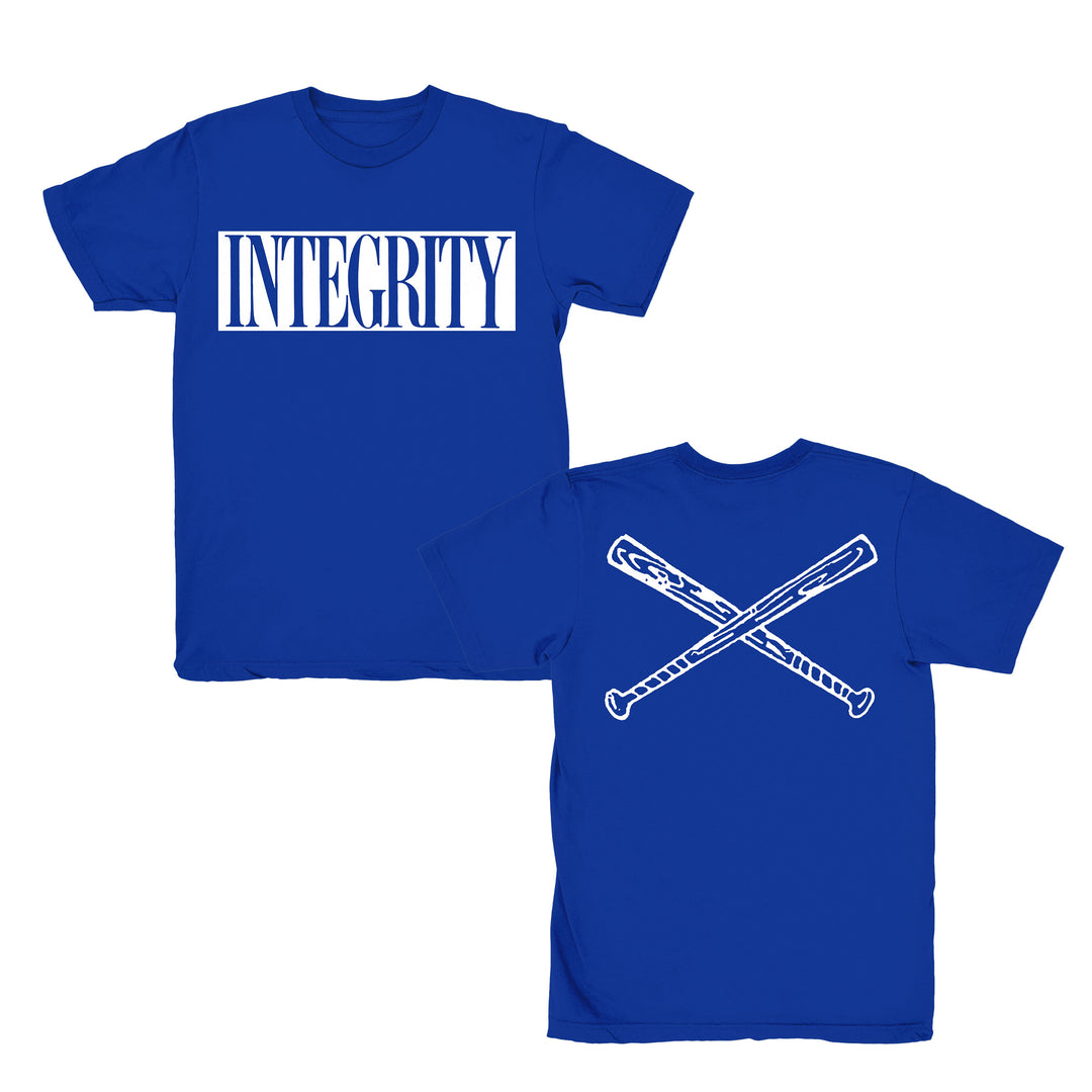 The Integrity brand blue Gildan Heavy Cotton T-shirt features bold white INTEGRITY text on the front and a graphic of two crossed white baseball bats on the back—the perfect standout for printed T-shirt fans.