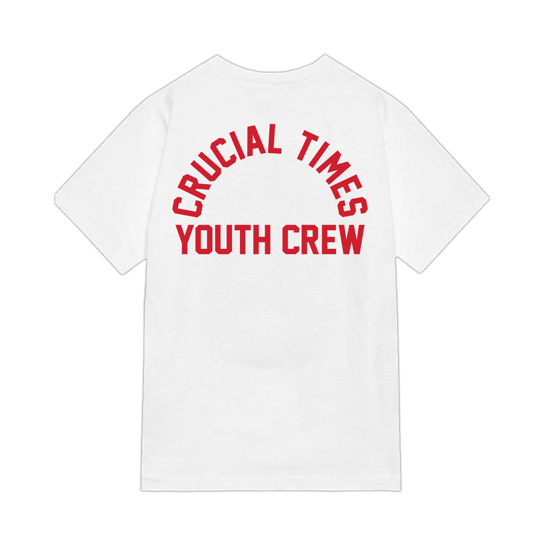 The Crucial Times white Comfort Colors T-shirt features bold red "CRUCIAL TIMES" arched above "YOUTH CREW" on the back. Now available for presale—ideal for fans of standout printed styles.