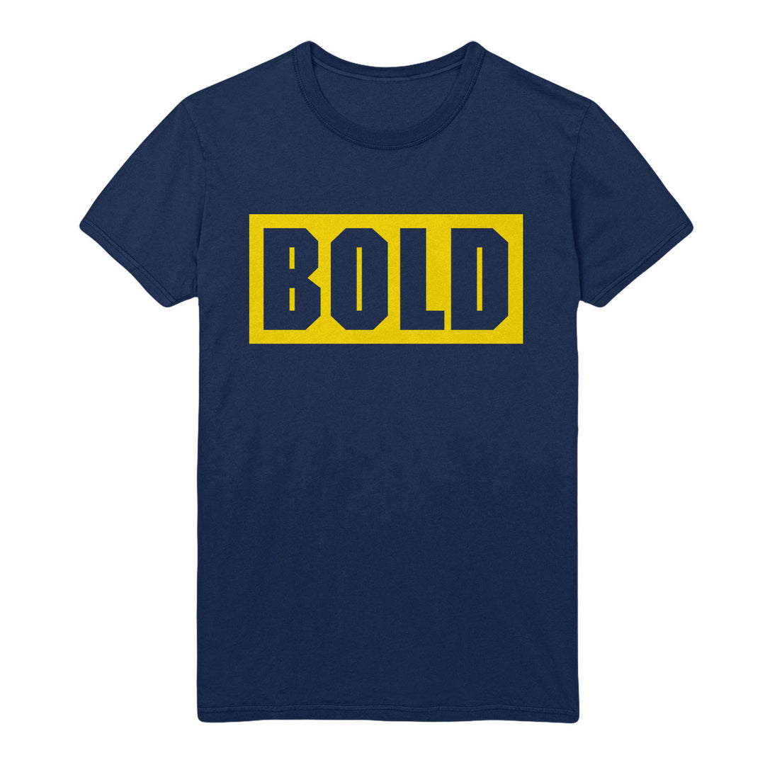 A navy blue Bold heavy cotton t-shirt displays BOLD in large black block letters within a yellow rectangle on the chest. Ideal for fans of printed tees. Ships 9/3/25.