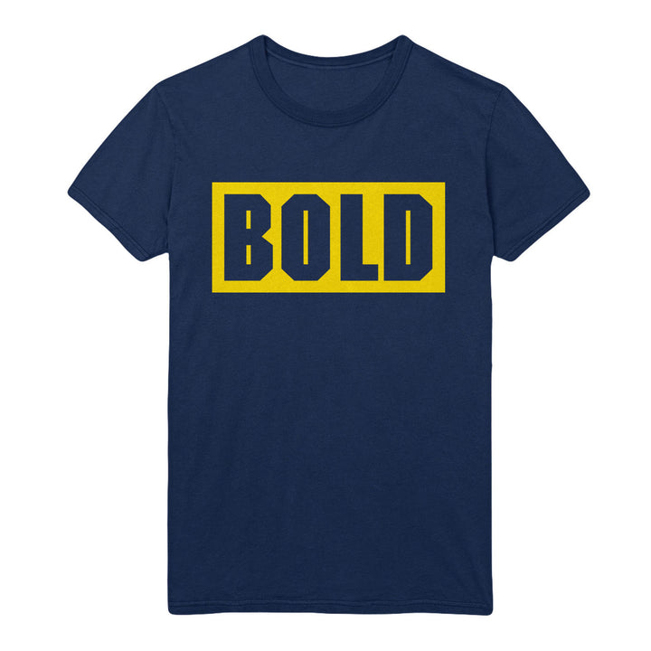 A navy blue Bold heavy cotton t-shirt displays BOLD in large black block letters within a yellow rectangle on the chest. Ideal for fans of printed tees. Ships 9/3/25.