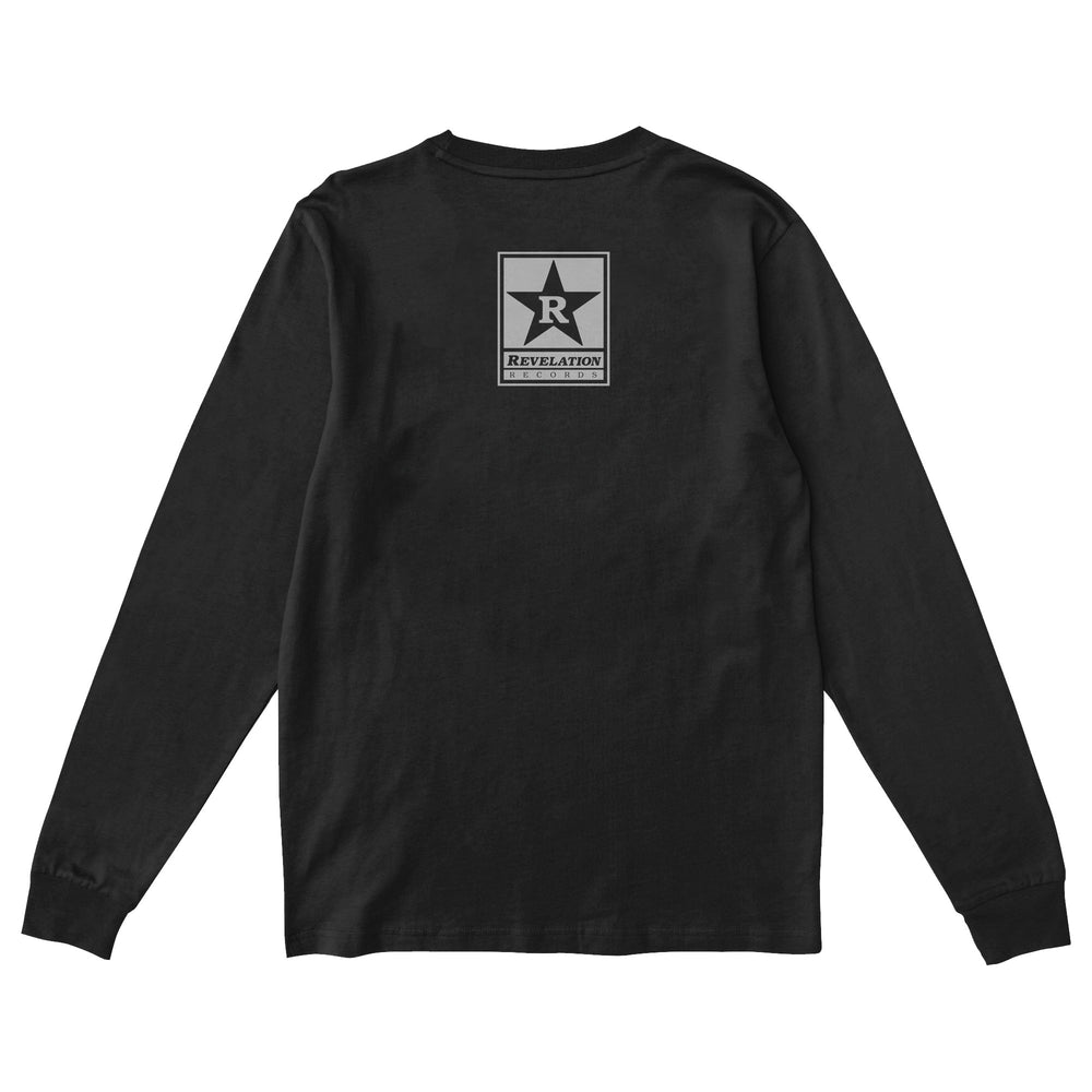 Black long-sleeve shirt by Bold, made from Gildan heavy cotton. Features a back square logo with a large star, an “R” in the center, and “REVELATION” below—ideal for fans of quality printed apparel.