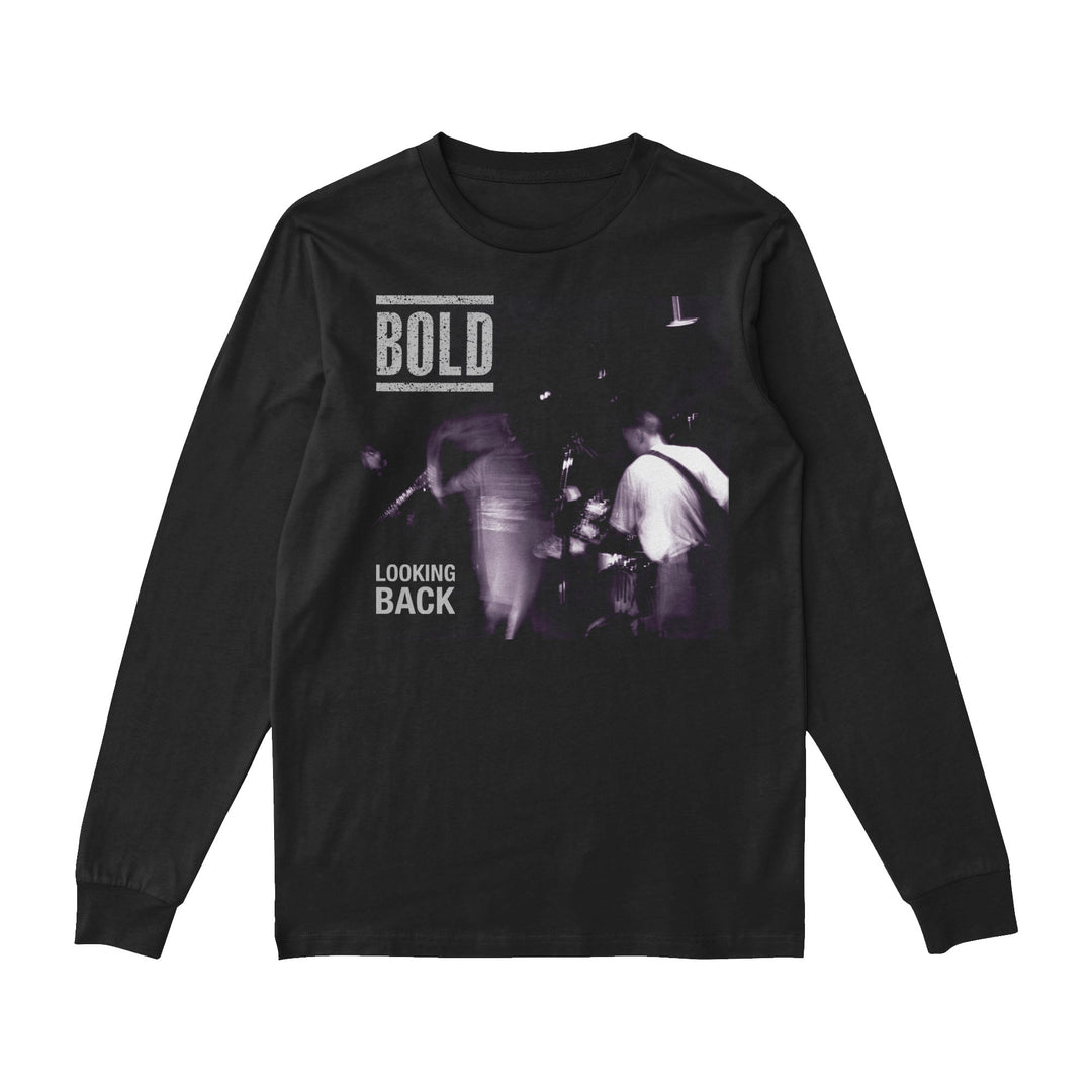 Bold black long-sleeve shirt made from Gildan heavy cotton showcases a purple-tinted, blurry photo of a band. BOLD is printed above and LOOKING BACK below the image for a standout look.