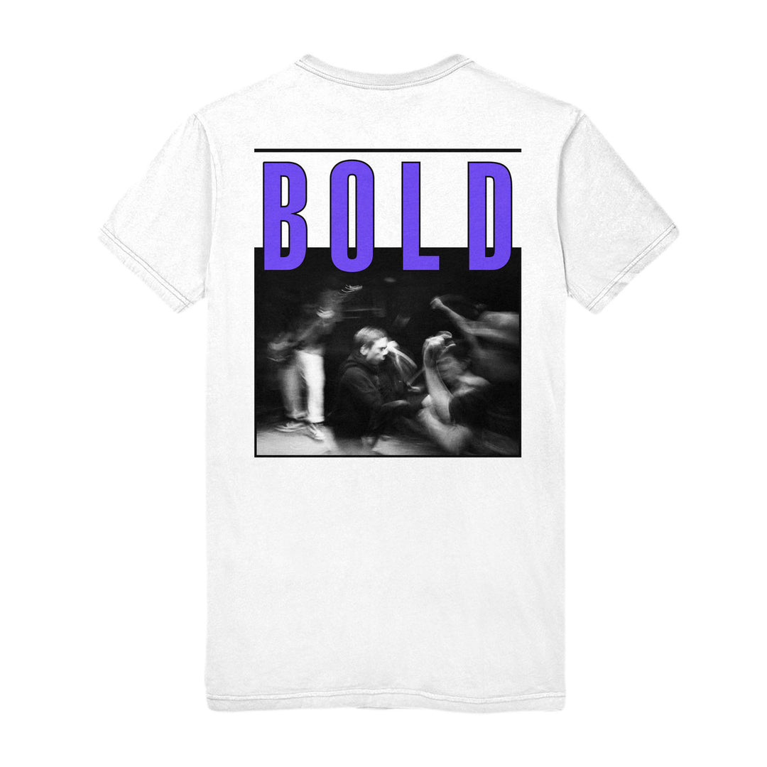 Bold heavy cotton white t-shirt with a black-and-white blurred band performance photo and bold purple BOLD lettering above the image. Perfect for fans of striking printed garments.