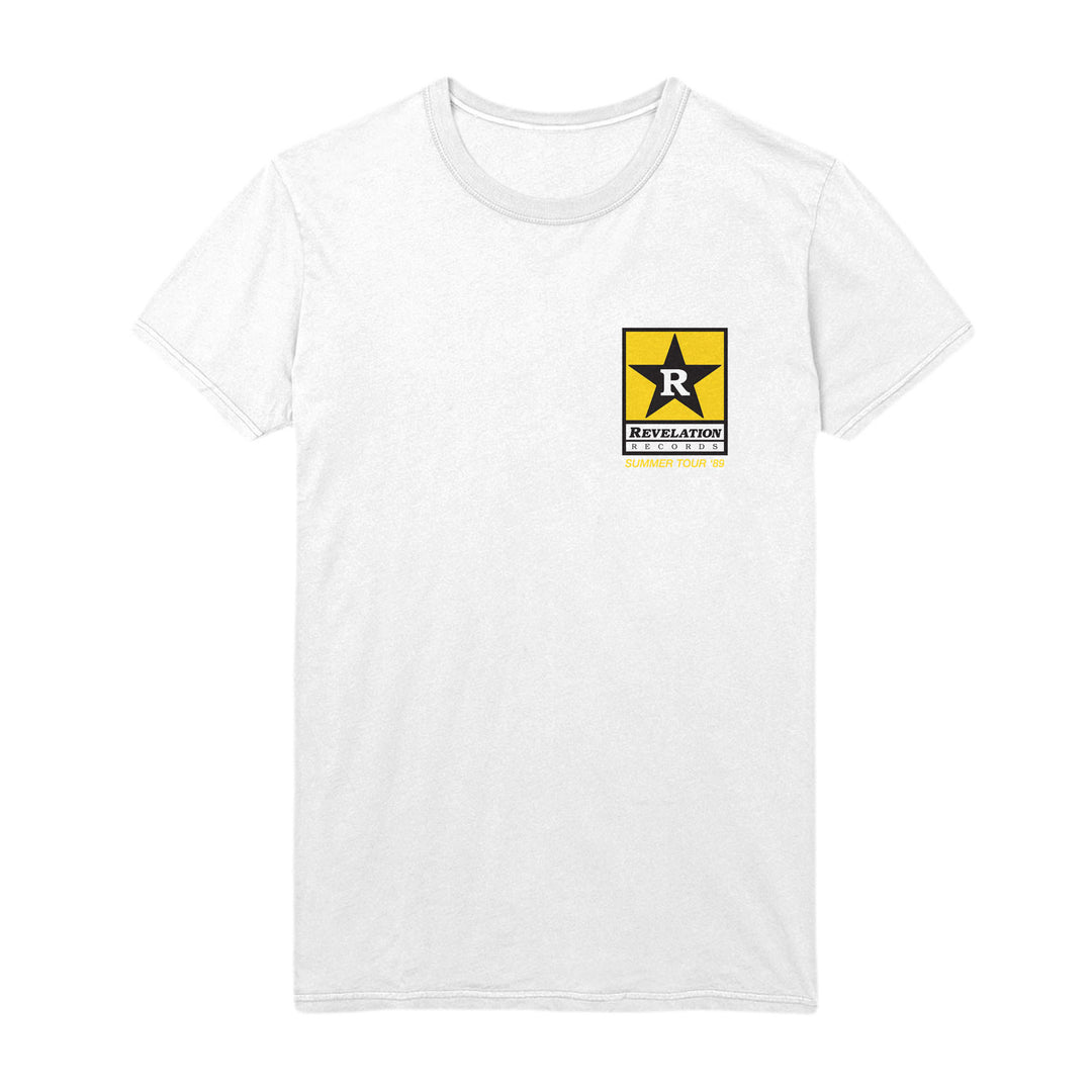 Bold white T-shirt with a yellow and black star logo on the left chest, “REVELATION” and “SUMMER TOUR 24” below. Crafted from durable Gildan heavy cotton for comfort.