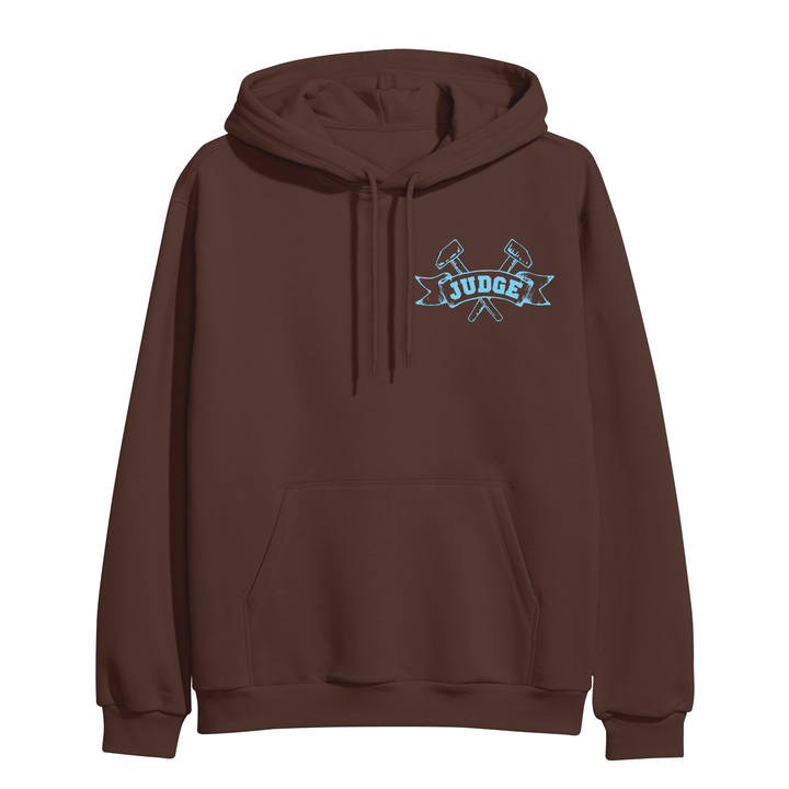 Brown IND4000 hooded sweatshirt featuring a logo on the left chest with the word JUDGE on a light blue banner crossed by two gavels.
