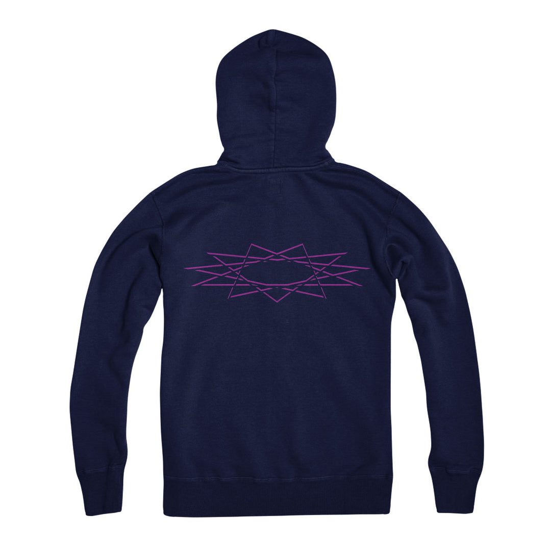 A navy blue Into Another hoodie shown from the back, featuring a geometric pink line design centered on the upper back and a subtle green logo accent.