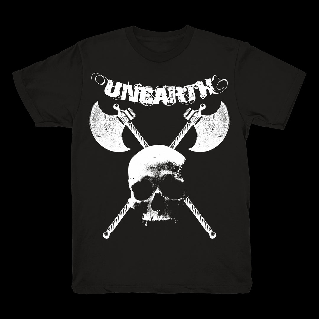 Unearth black Gildan heavy cotton t-shirt with a white skull, two crossed battle axes behind it, and UNEARTH in bold, distressed letters above the design.