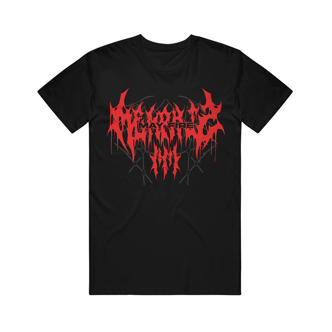 Black Memphis May Fire T-shirt with bold, red, spiky, and drippy metal-style text artwork across the chest, accented by subtle gray details—a must-have Metal Band Shirt for fans.